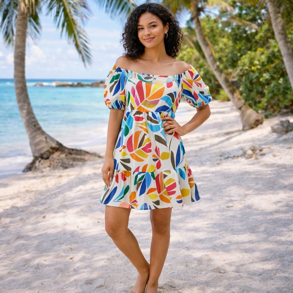 Tabitha Brown x Target XS Linen Blend Botanical Print Puff-Sleeve Mini Dress NWT